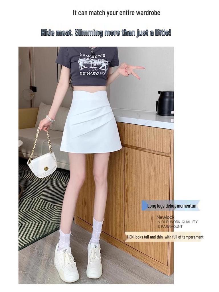 Spring 2024 Women's High Waist Pleated A-Line Skirt - Korean Style