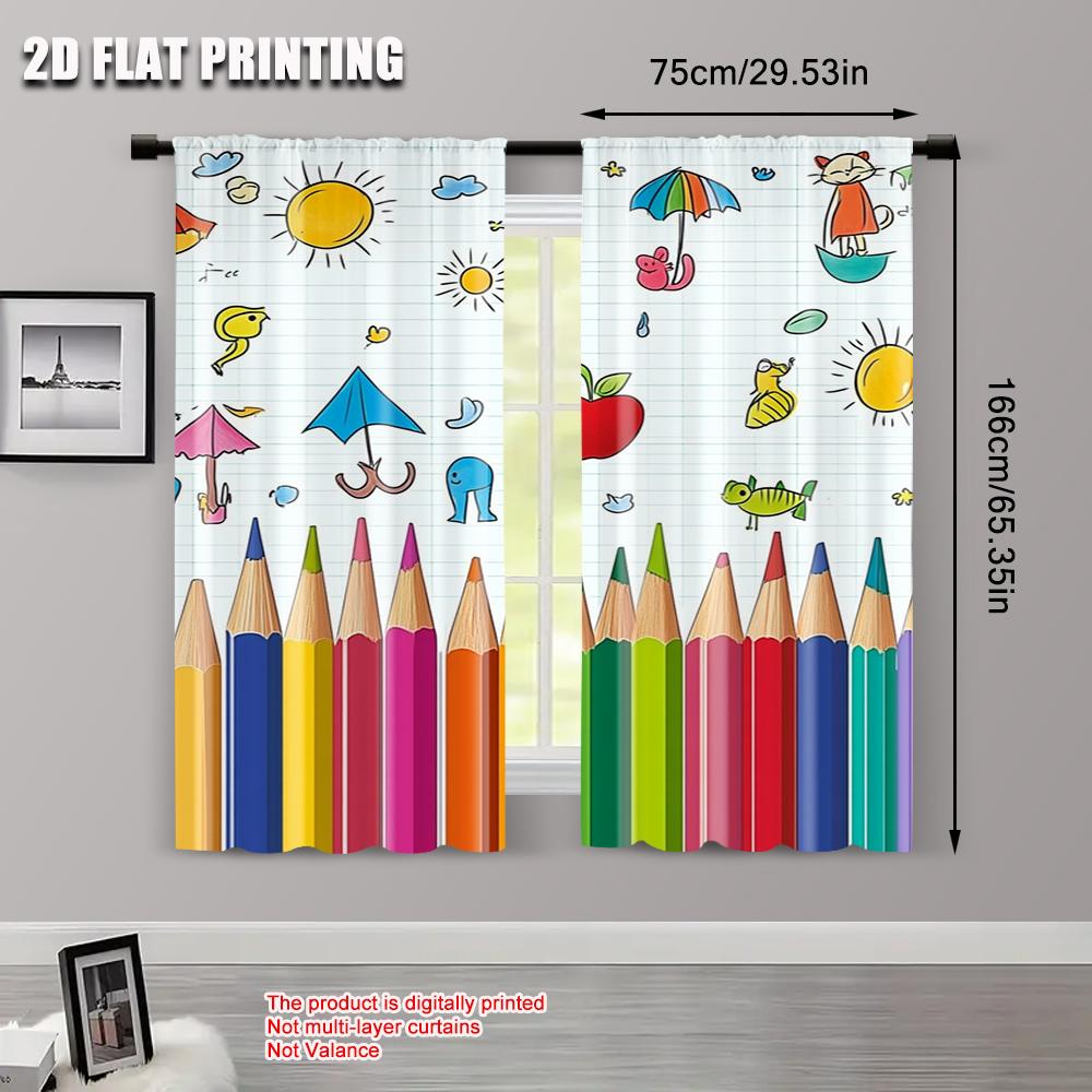 2pcs   Spring Summer Curtains Colorful Drawing Pencils Doodle Light Filtering Sheer Curtains Polyester Easy Install Decorations