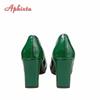 Aphixta New 2.75Inch Square Heel Patent Leather Shoes Women Pumps Dark Green Thick Heels Work Pointed Toe Plus Size 50