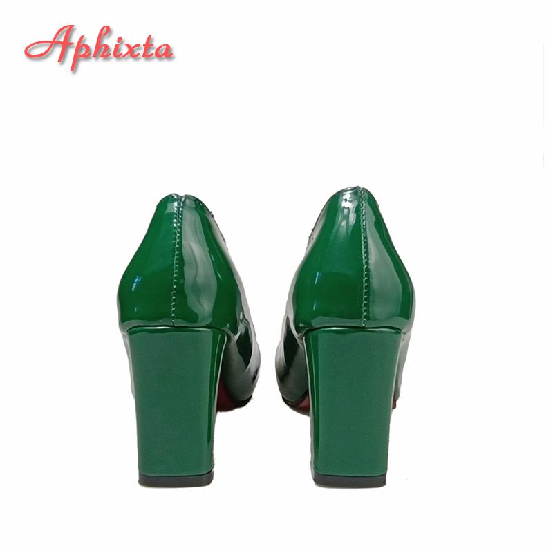 Aphixta New 2.75Inch Square Heel Patent Leather Shoes Women Pumps Dark Green Thick Heels Work Pointed Toe Plus Size 50