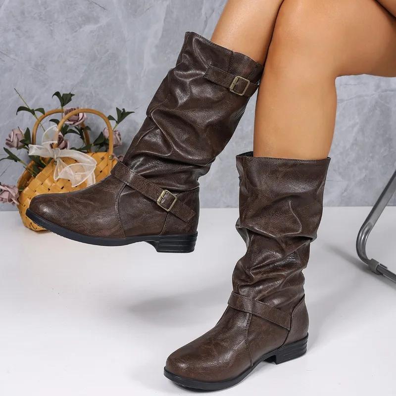 Fashion Shoes Female 2025 New Slip-on Women's Boots Fashion Belt Buckle Modern Boots Women Winter Plus Size Best Seller Mid-Calf Boots