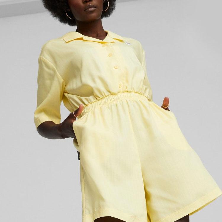 Puma Solid Color Short Sleeve Shirt Straight Leg Shorts Jumpsuit Women jumpsuit Light-Straw-Yellow 620632-42