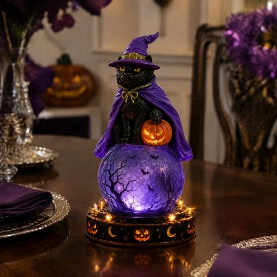 Unique Halloween Gift for Friends LED Lighted Faux Crystal Ball Decoration, Resin Witch/Skeleton/Cat/Ghost Figurine with Led Light
