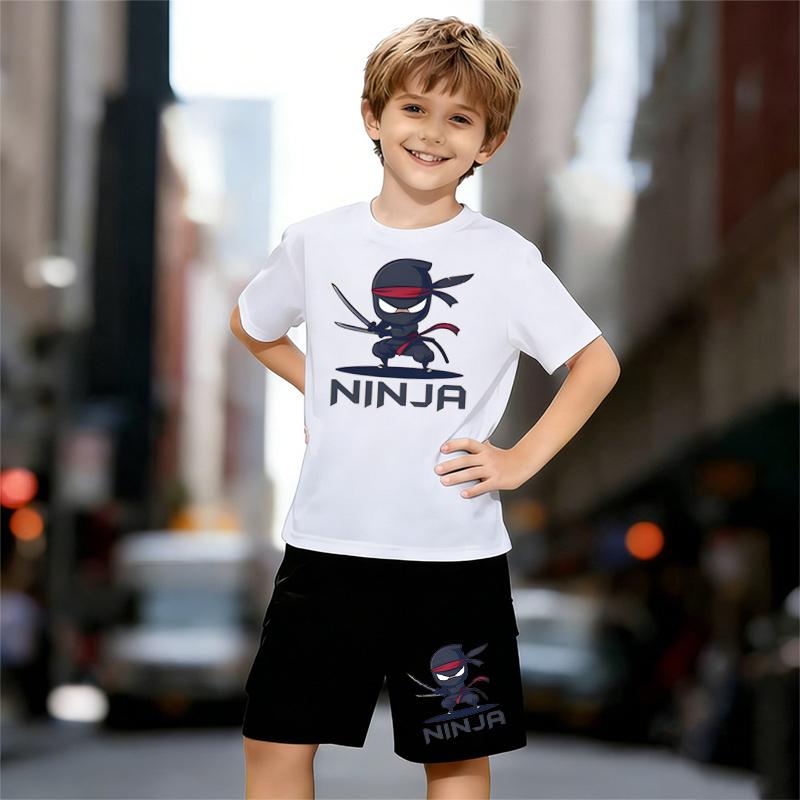 

Boys 2 Piece Chibi Ninja Print Outfit, Short Sleeve T-Shirt and Shorts Set for Kids Age 5-14,White Sporty Casual Summer Clothes 13-14 Years
