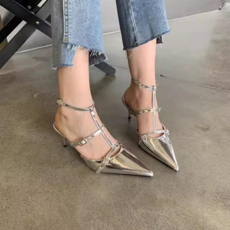 2025 Spring and Autumn New Fashion Minimalist Socialite Pointed Head Shallow Mouth Stiletto High Heels Women's Bag Head Empty Sandals