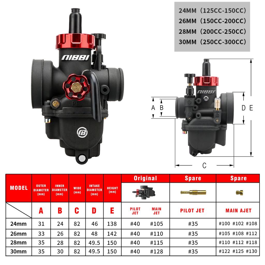 NIBBI PE 24/26/28/30mm Carburetor Motorcycle 2T 4T Engine Carburetors with Main Jets for Yamaha Suzuki Honda Pitbike Modify Part