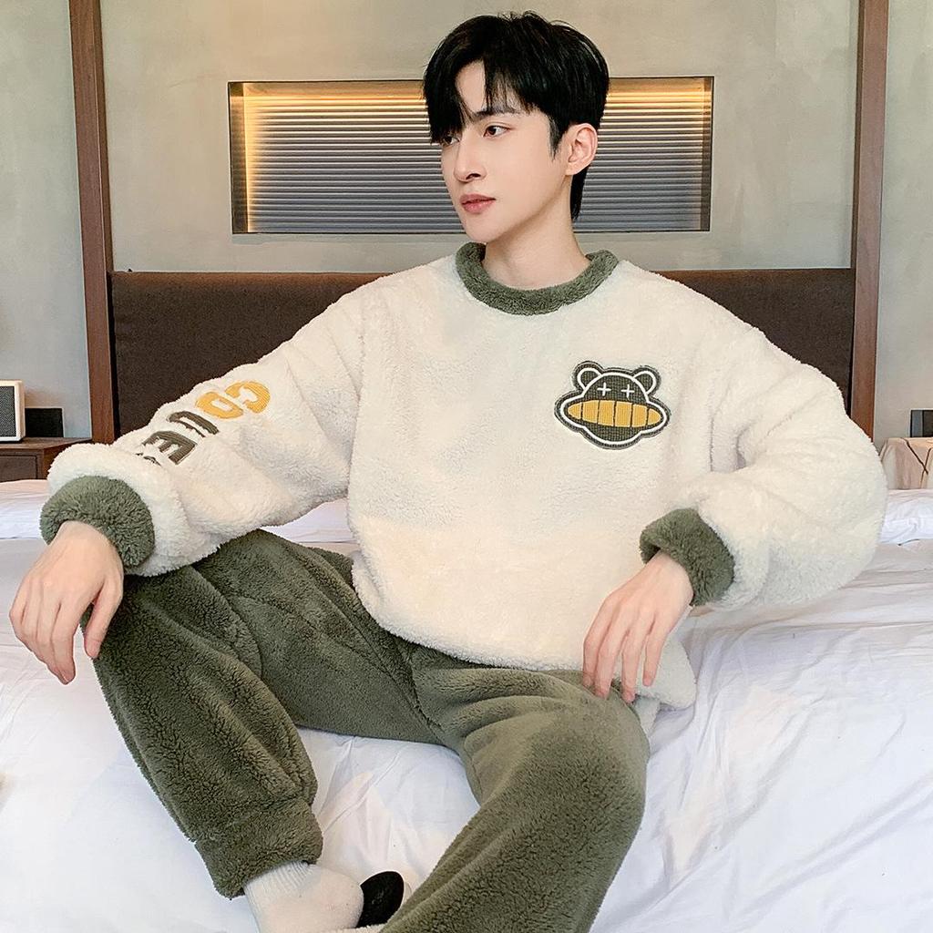 Cozy Flannel Σετ πιτζάμες για άνδρες - Σετ ύπνου με μακρυμάνικο πουλόβερ με λαιμόκοψη & φαρδύ παντελόνι