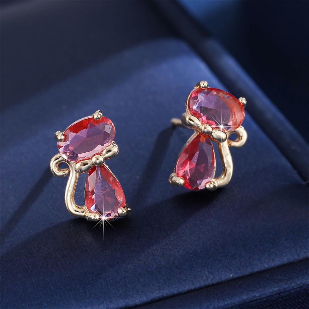 Rainbow Zircon Cute Green Small Cat Stud Earrings For Women Gold Silver Animal Ear Studs Wedding Jewelry Mother's Day Gift