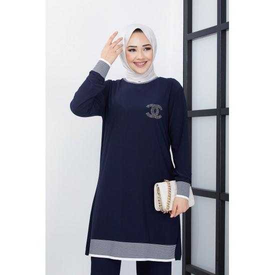 Islamska szafa damska prążkowana tunika spodnie garnitur hidżab