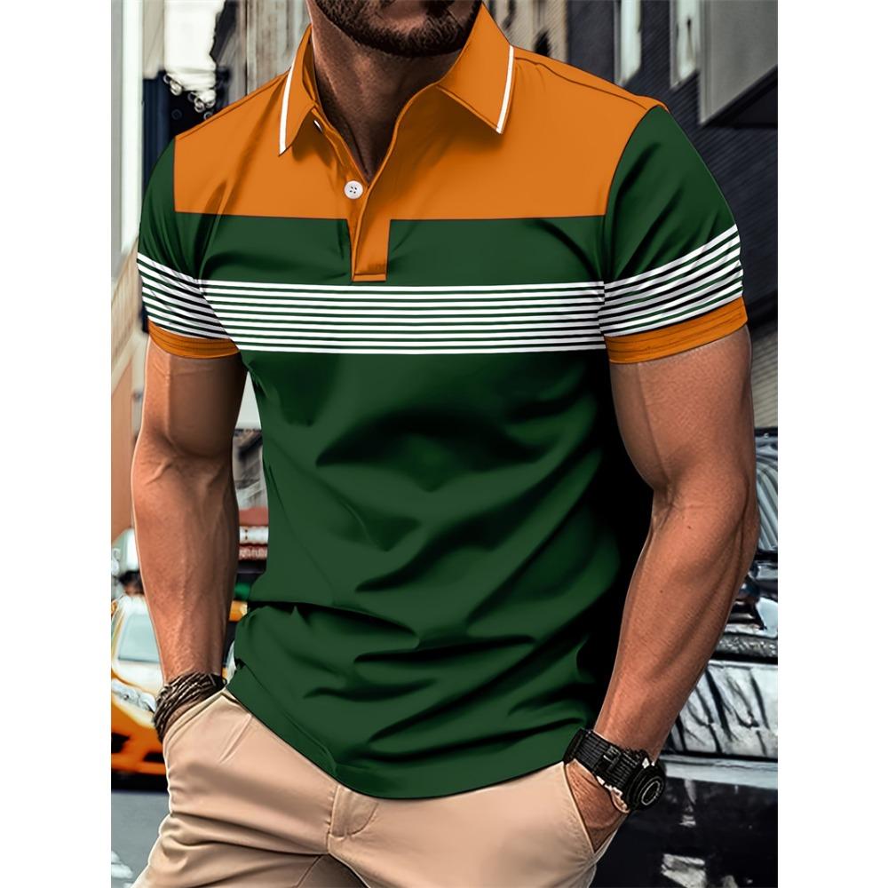 Summer Striped Pattern Short Sleeve Men's Fashion Lapel Polos Shirt 3D Printed Street Polo Button Tops Oversize Casual Tees