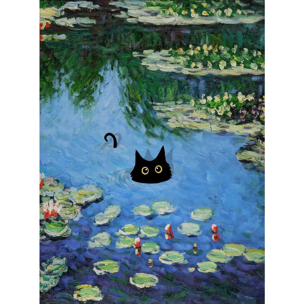 1pc Frameless Claude Monet Artworks Interesting Cute Black Cat Lotus Pond Poster Canvas Paintings for Living Room Home Decor
