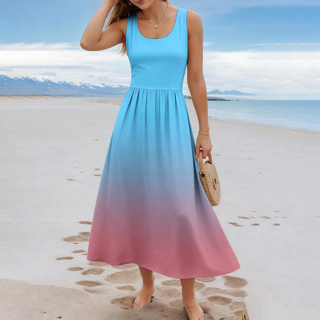Ladies' gradient printed summer casual and fashionable sleeveless long dress