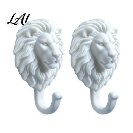 Drill Free Towel Hanger 2Pcs Lion-Head Wall Hooks 3D Printed Animal Shaped Hanger Self‑Adhesive Bathroom Accessories for Coat Key Hook,