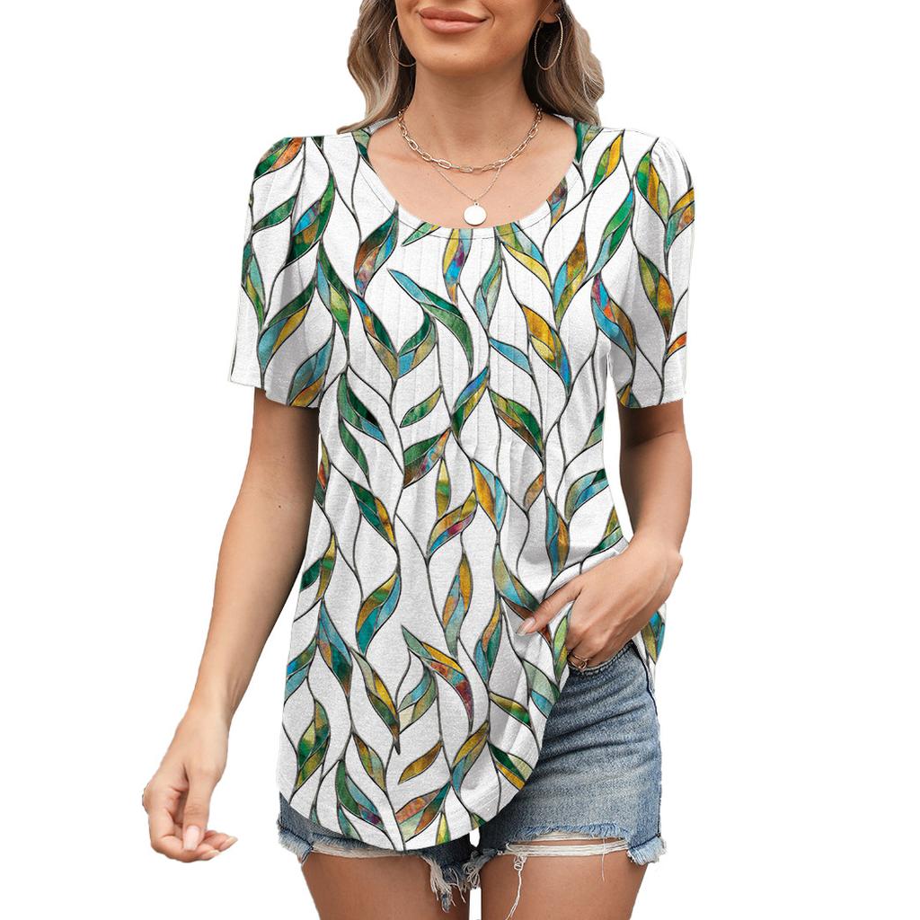 Women's Round Neck Short Sleeve Pleated Loose Fit Leaf Floral Print T Shirt Casual Daily Tunic Top