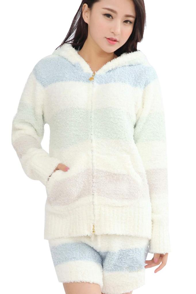 Seap Fluffy Pajama Hoodie Shorts Women's Set, & (Blue)