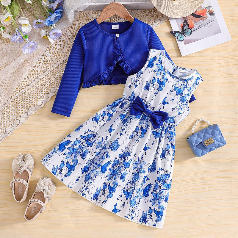 Spring-Autumn Girls' Princess Jacket & Vest Set: Long Sleeve Dress with Printed Vest