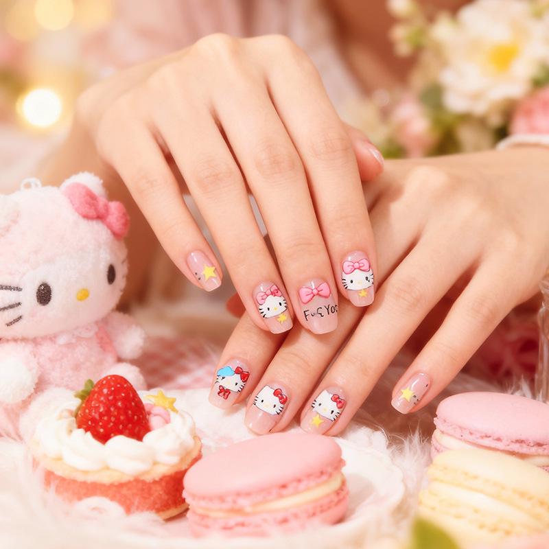 Charming Hello Kitty Nail Art Stickers: Cute Cartoon Designs with Bows & Stars