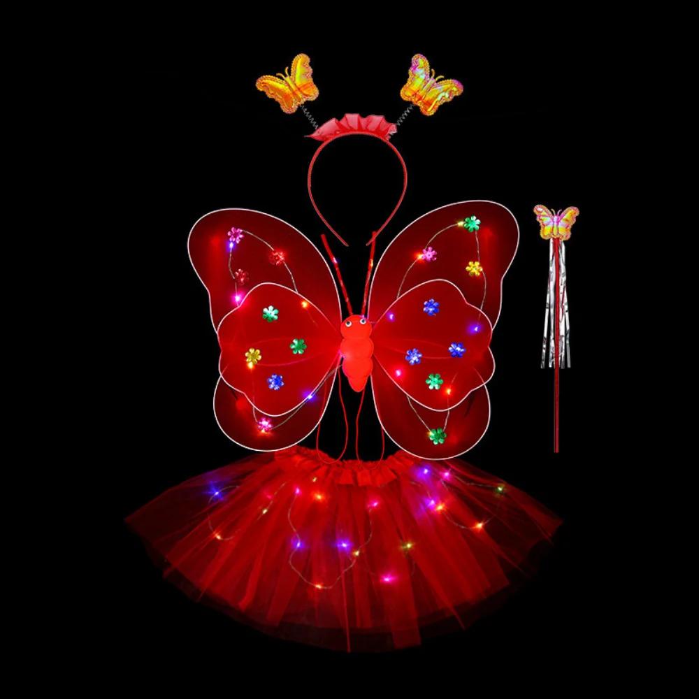 Non-Toxic 2-6 Year Led Children Costume Props Children Skirts Luminous Wing Toys Flashing Butterfly Wing Skirt Set Kids Luminous Party Toys