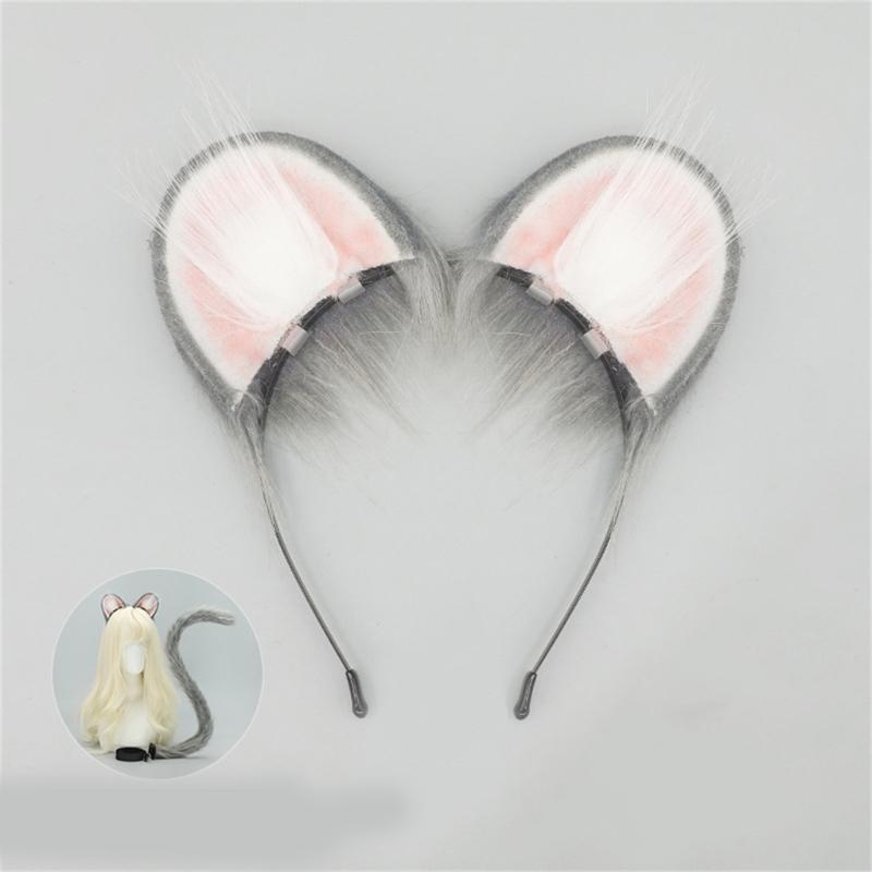 Mouse Costume Accessories Faux Furs Foxes Tail and Ears Headband Set Animal Halloween Cosplay Costume for Women Men