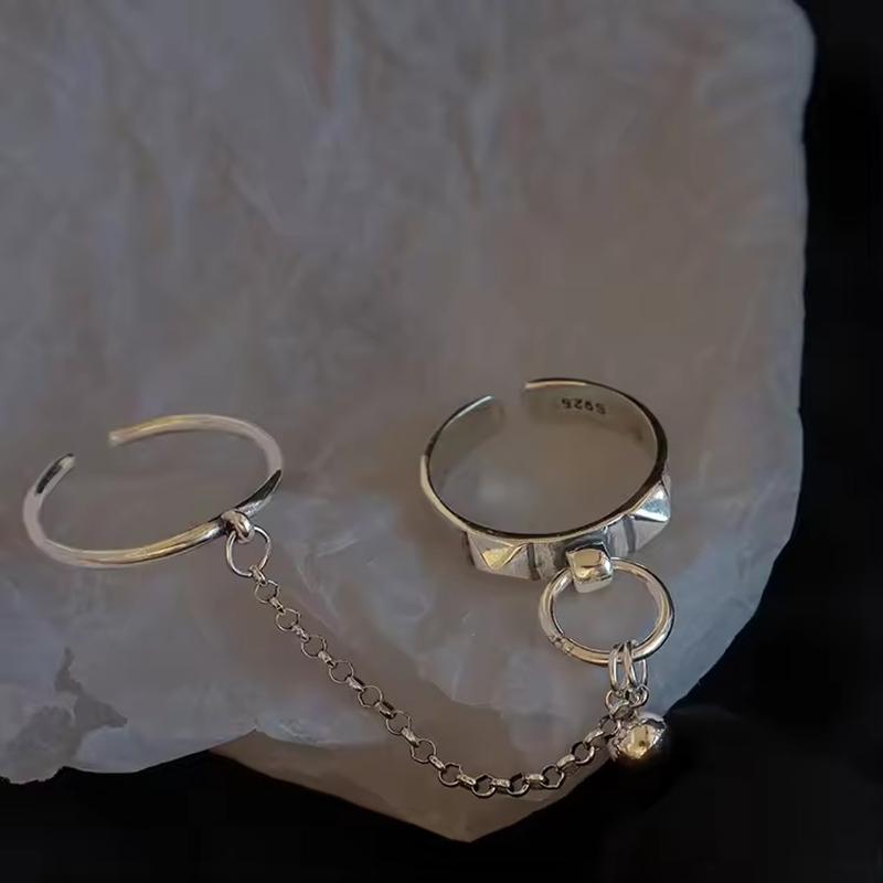 PANJBJ Real 925 Silver Retro Round Ring For 2 Rigns Women Chain Vintage Fine Jewelry Minimalist Accessories Gift