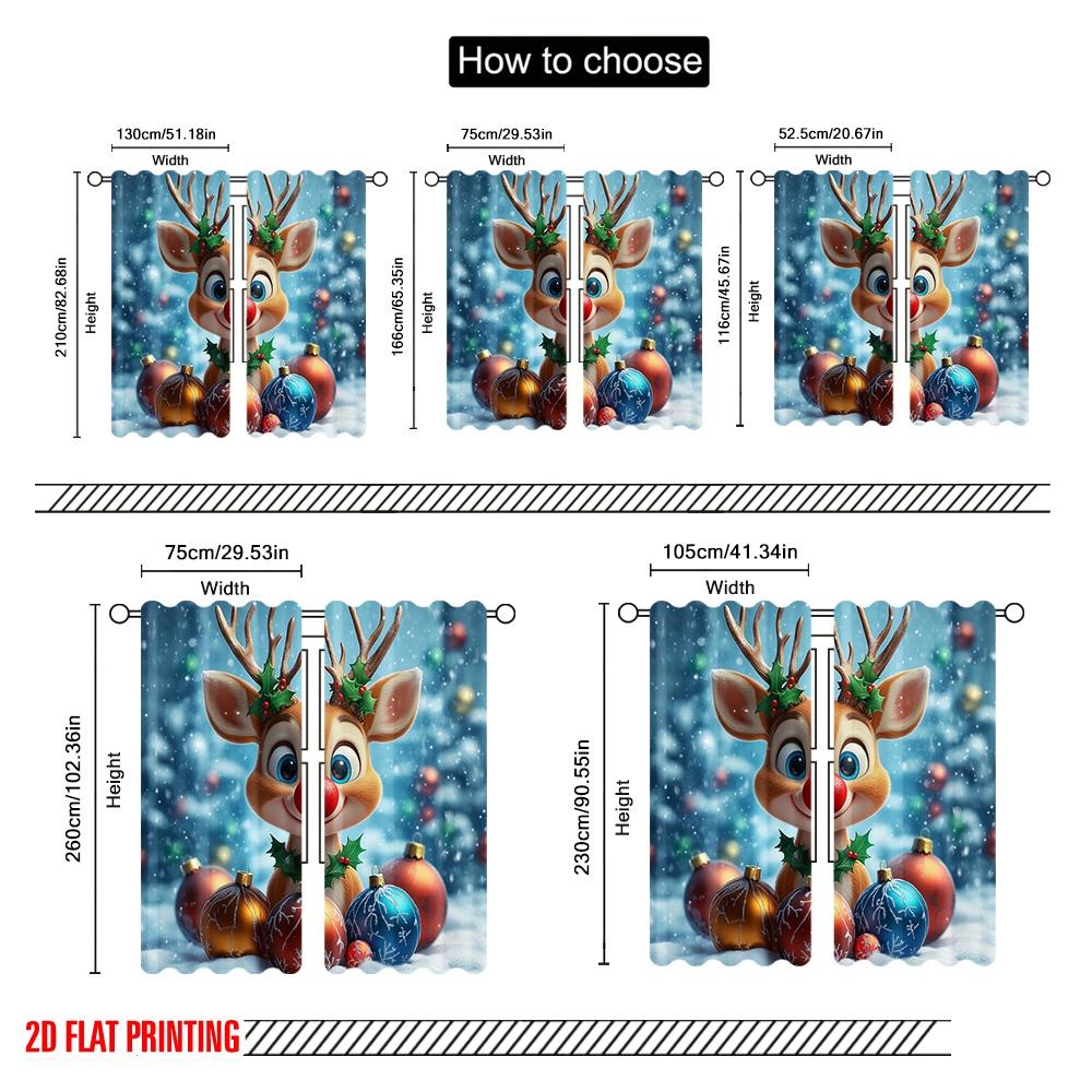 2pcs,2D Plane Printing Window Curtain Cute Christmas Reindeer Holiday Ornaments Durable 100% Polyester Fabric (without Rod)