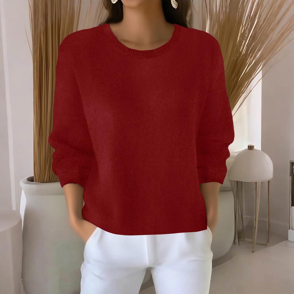 Women's Fashionable Casual Knitted Top Loose-Fit Solid-Colour Long-Sleeved Jumper
