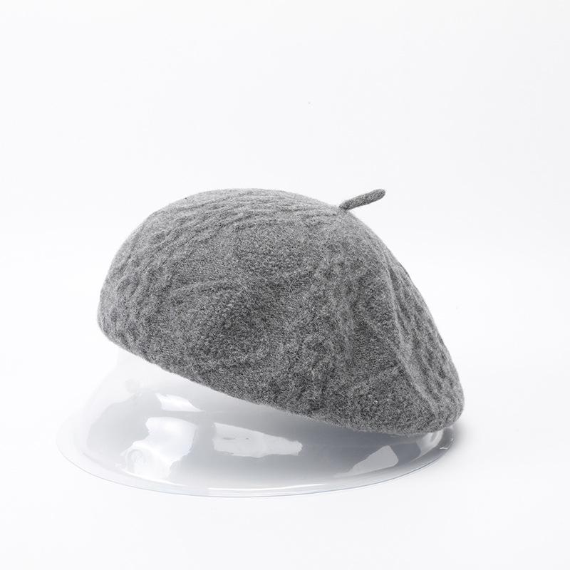 Romantic wool knit hat, thickened thermal casual beret autumn and winter gray black wool hat
