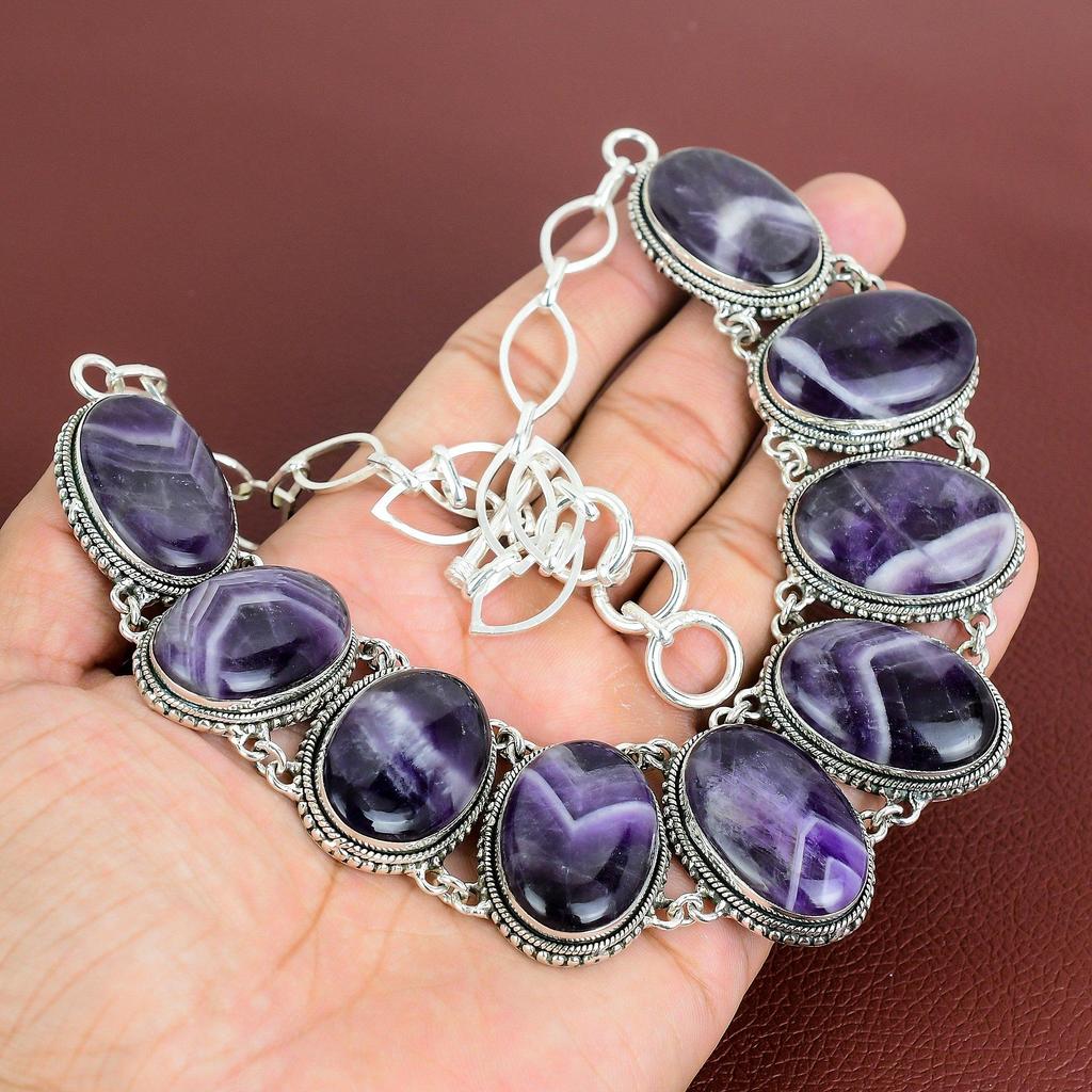 Chevron Amethyst Necklace Gemstone Vintage Necklace 925 Sterling Silver Adjustable Chain Necklace Handmade Antique Jewelry Anniversary Gifts