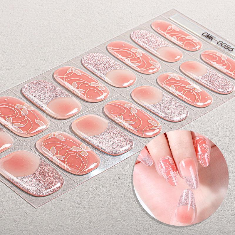 16Tips French Flowers Gel Nail Strips Long Lasting Full Cover Glitter Baking-Free Gel Nail Stickers DIY Manicure Decoration