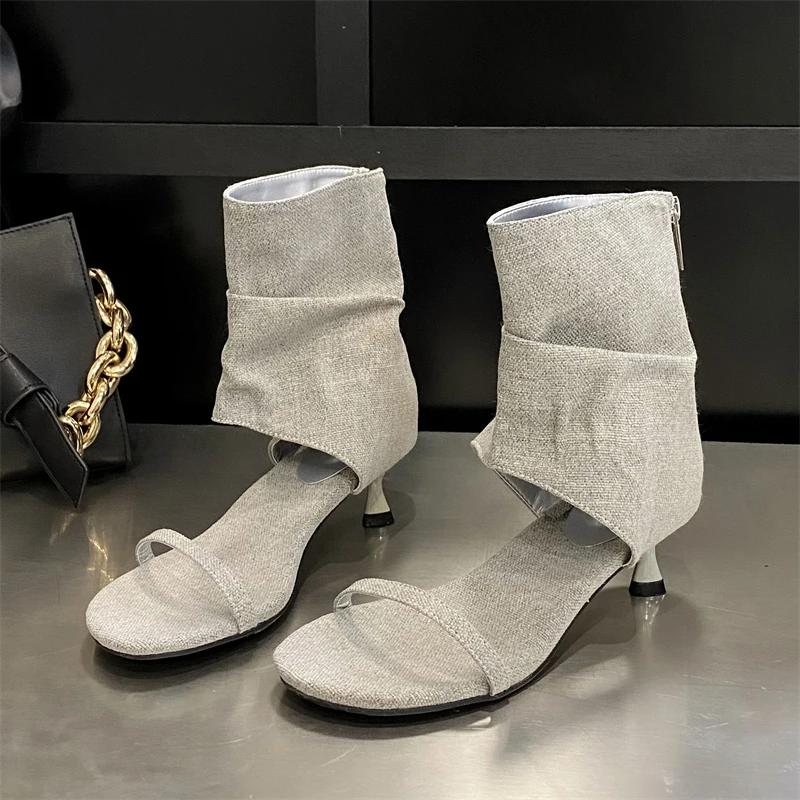 Eilyken Concise Open Toe Clip On Denim Women's Boots Pleated Low Thin Heels Roman Booties Sandal Zapatos De Mujer