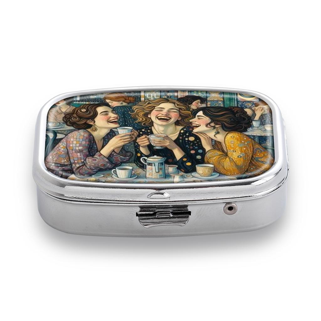 Portapillole Portatile con 2 Scomparti, Mini Custodia Organizer in Metallo per Medicine, Carino Contenitore Stampato per Pillole, Vitamine, Gioielli, Viaggio, Uso Quotidiano