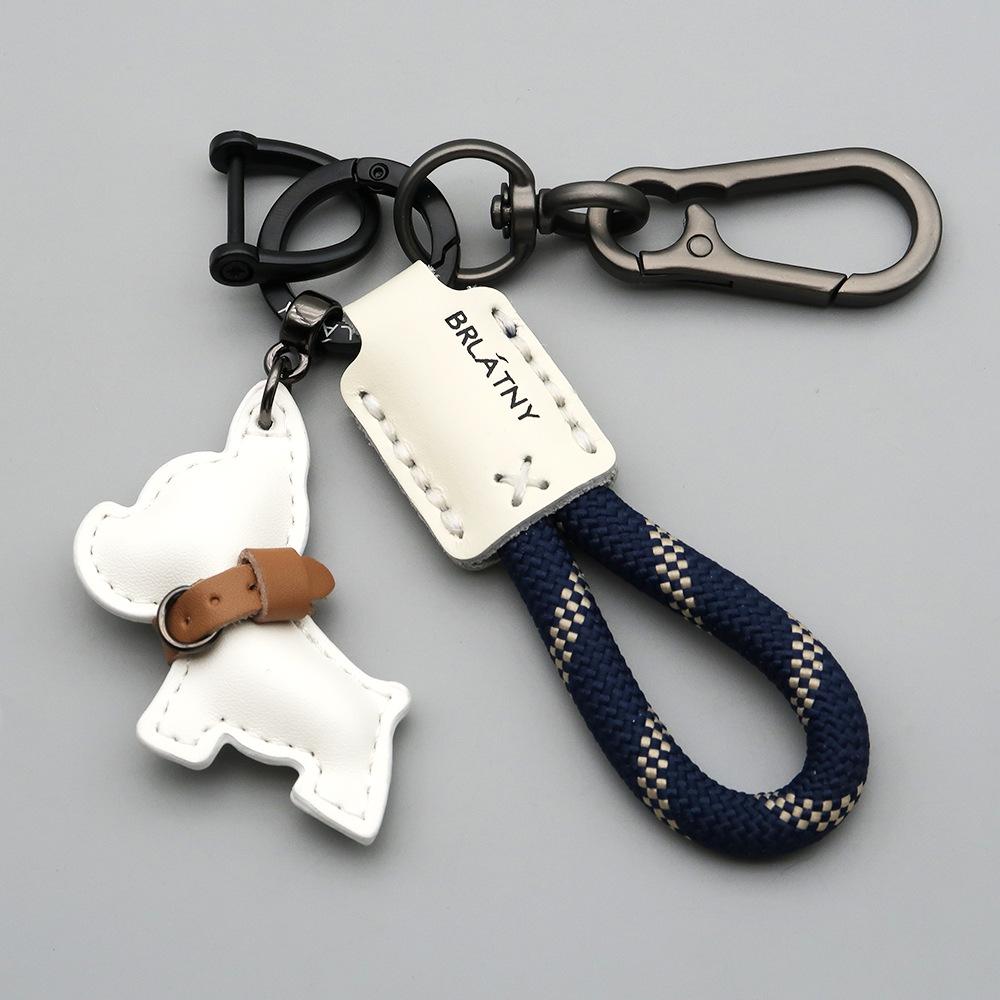 Handmade French Bulldog Genuine Leather Keychain with Anti-Lost Woven Rope Lanyard.