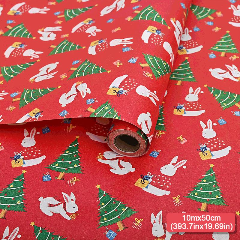 10m/roll Kraft Christmas Wrapping Paper Cartoon Santa Claus Elk Gift Box Packaging Material New Year Xmas Party DIY Decoration