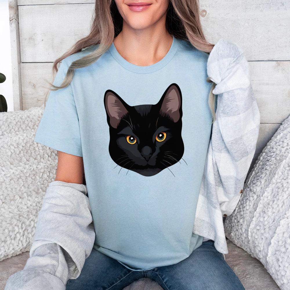 

Cotton Casual Women s T-Shirt Short Sleeve Round Neck Colorful Cute Cartoon Realistic Black Cat Face Print Breathable Sofe Summer T-Shirts 3XL світло-синій колір