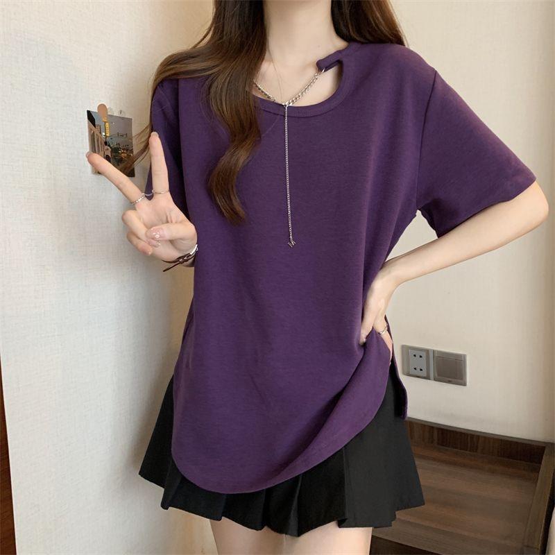 Women Asymmetrical Cut-out T-shirt with Chain Detail Crew Neck Short Sleeve Oversized Loose Fit Solid Color Tee