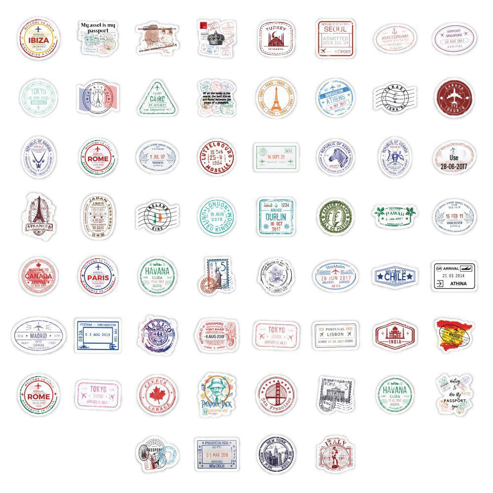 60pcs Retro Passport Stamp Stickers: Travel Journal, Doodle Vase, Waterproof Refrigerator Decor