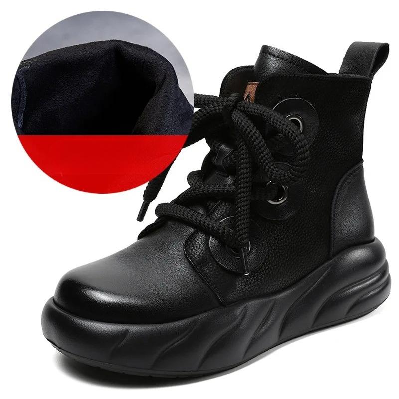 Johnature Genuine Leather Short Boots Retro Versatile Plush Warm Thick Bottom Side Zipper Women's Boots