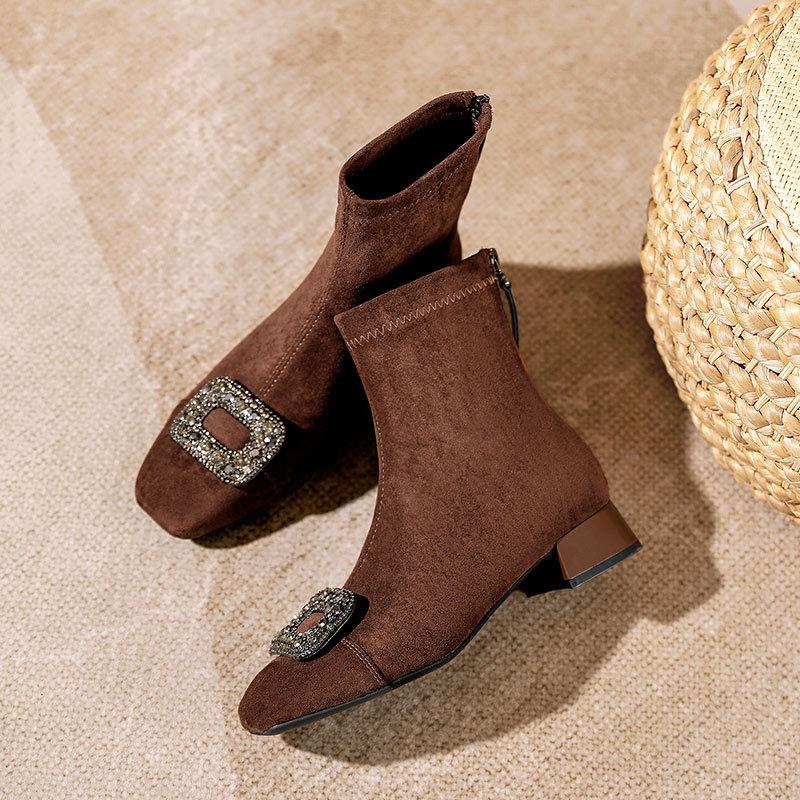 Square Head Suede Short Boots Women's 2025 New Autumn and Winter Thick Heel Medium Boots Rhinestone Square Buckle Low Heel Spring and Autumn Single Bo