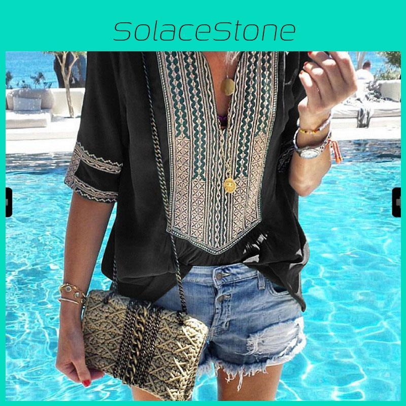 Stunning Womens Vintage Striped V Neck Loose Shirt Tops Half Sleeve Boho Blouse Plus Size