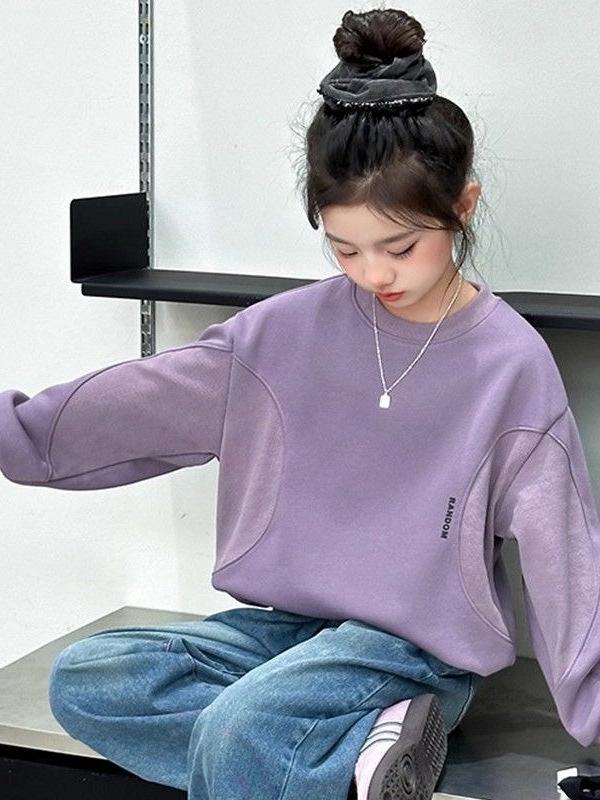 Dívčí módní volná mikina s kulatým výstřihem a dlouhým rukávem - Kolekce Podzim/Jaro 2025
