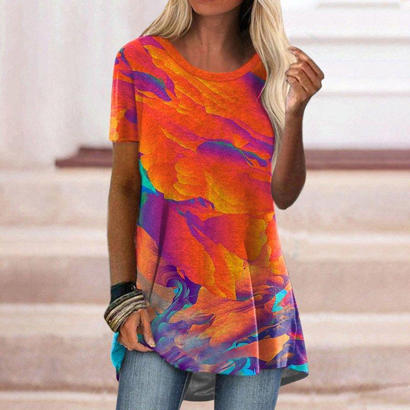 Women's Round Neck Short Sleeve Geometric Print Tunic Top Casual Asymmetrical Hem Blouse