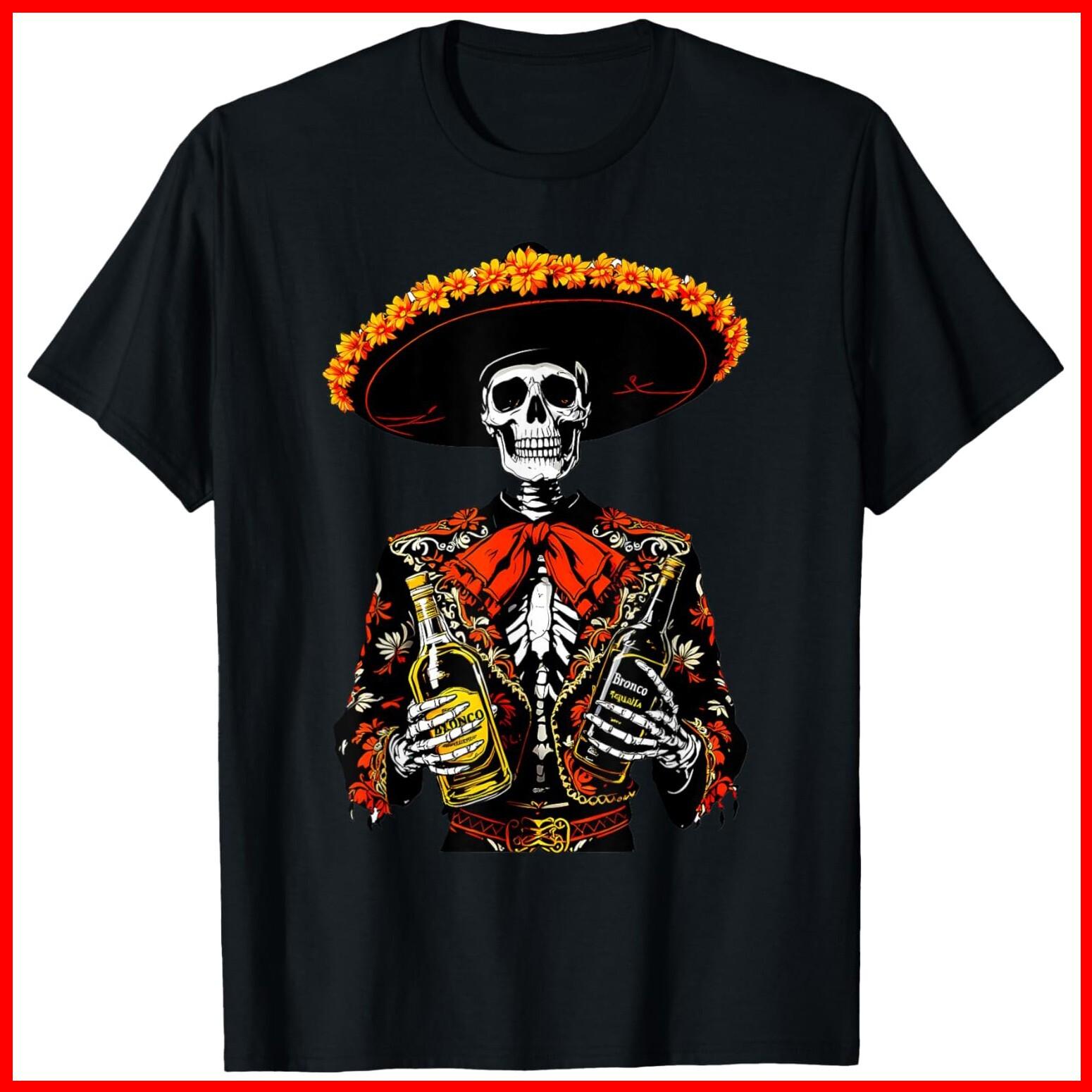 Skeleton Tequila Mexico Dia De Los Muertos Mexican Black Cotton T-Shirt S-5XL XL