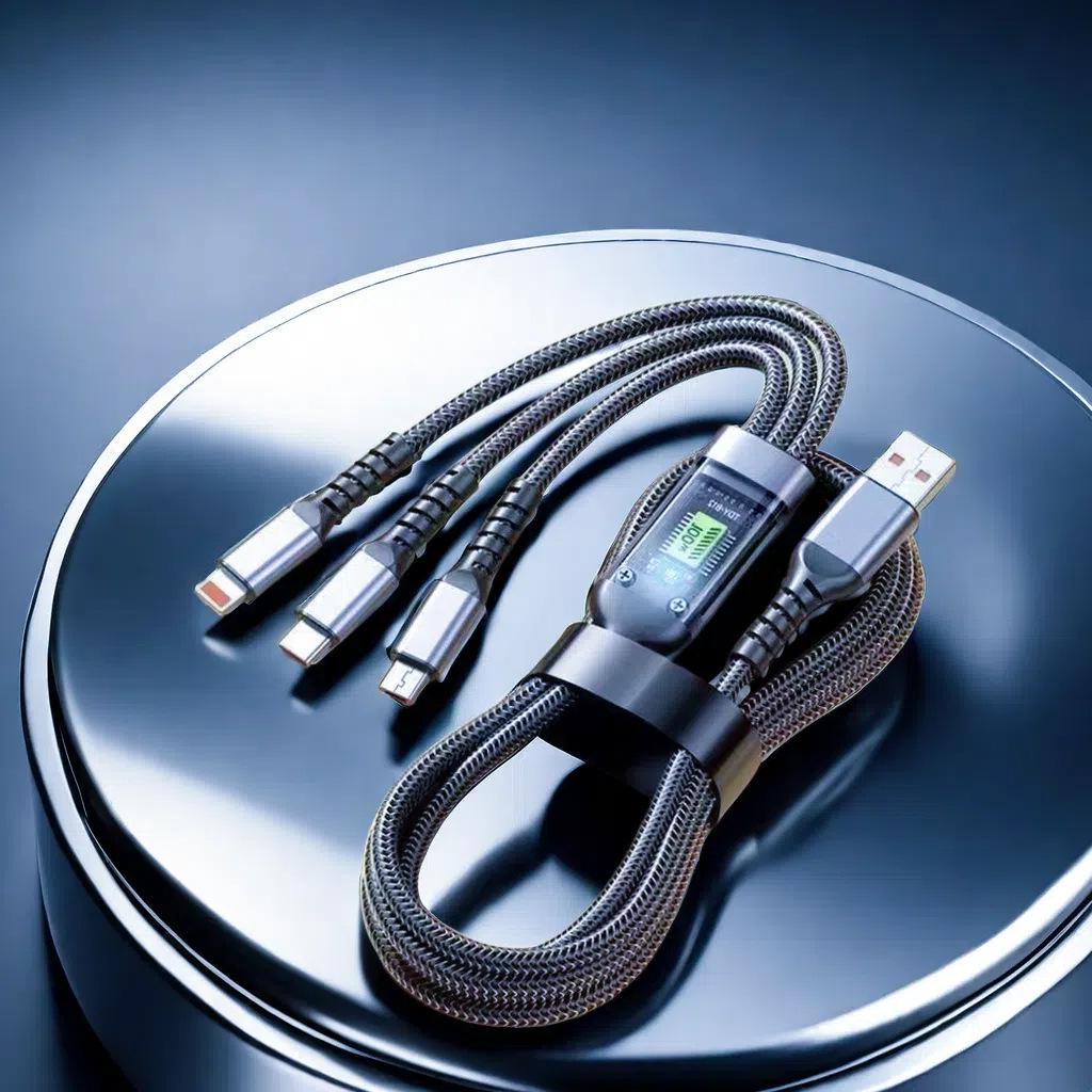 120W 3-in-1 Fast Charging Braided Data Cable for Huawei, Apple, and Type-C Devices with Digital Display