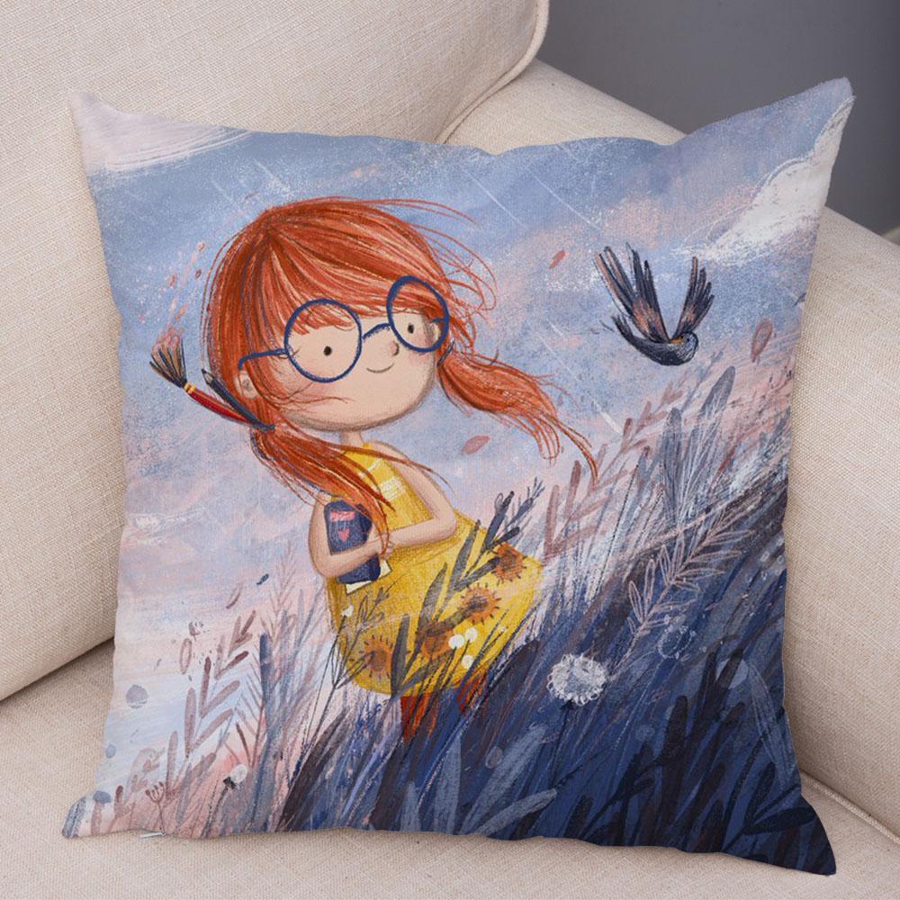 

Super Soft Plush Pillow Case for Sofa Home Watercolor Cartoon Girl Cushion Cover Decor Fairy Tale World Lovely Child Pillowcase 40x40cm16x16Inch