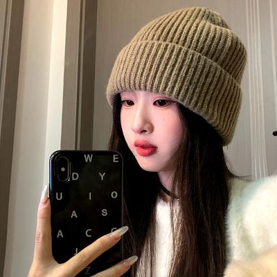 Autumn and Winter Outdoor Solid Color Knitted Hat Japanese Versatile Face Saving Small Warm Ear Protection Pile Hat Pullover Woolen Hat for Women
