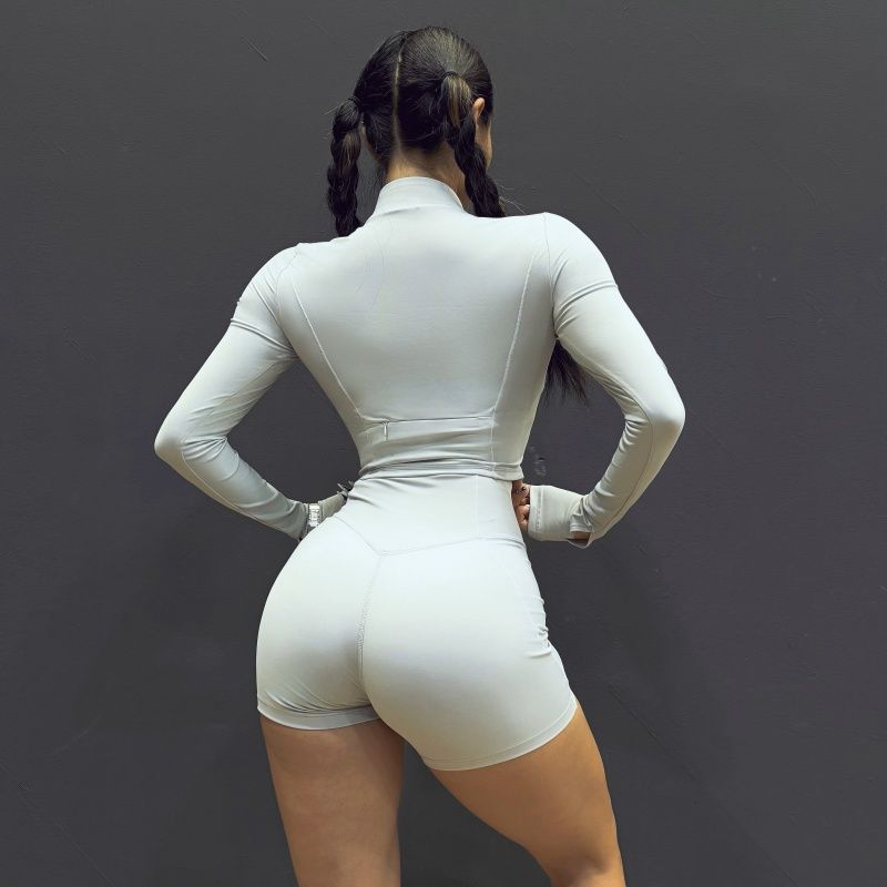 

Мода Спорт Бег Йога Длинный рукав Женский Карман на молнии спереди Ощущение обнаженности Быстросохнущий Дышащий Эластичный Топ для тренировок 2025 Новый Light gray shorts M