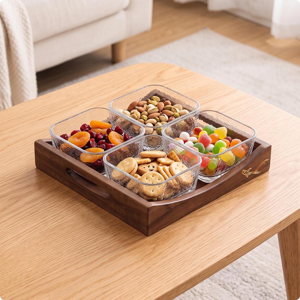 Getrennte Vorspeisenplatte mit Schalen | Walnuss, Holz Snack Tablett Glas