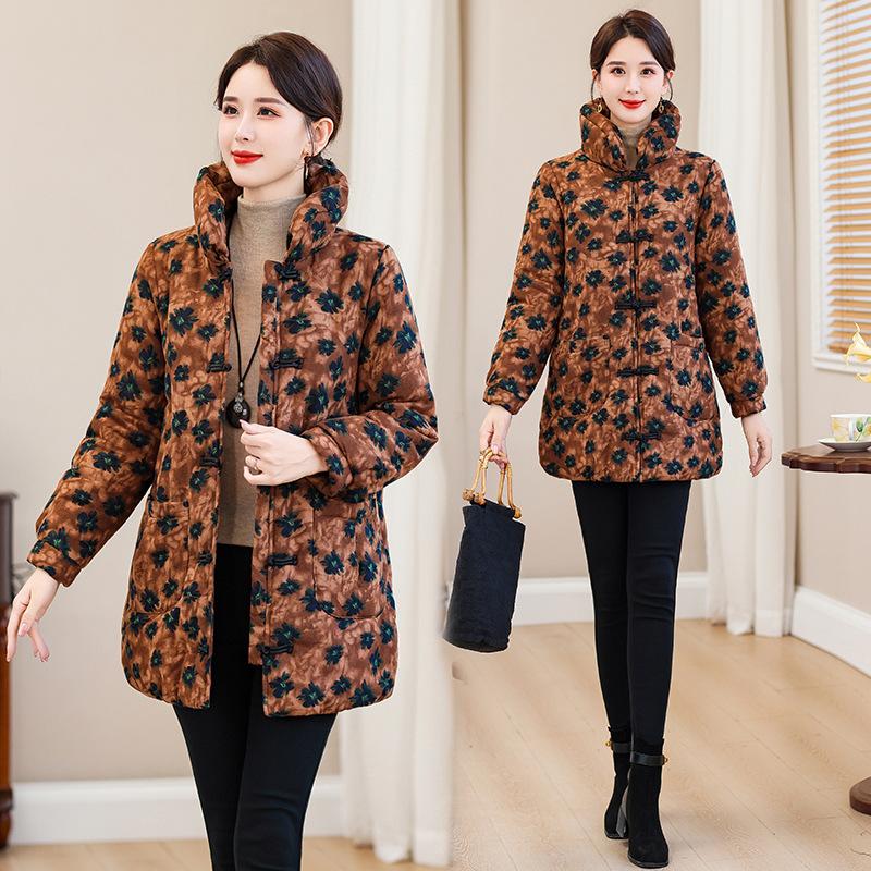 New Women's Cotton Jacket, New Chinese Mid-length Padded Jacket, Fleece Winter Jacket, Thickened Cotton Jacket