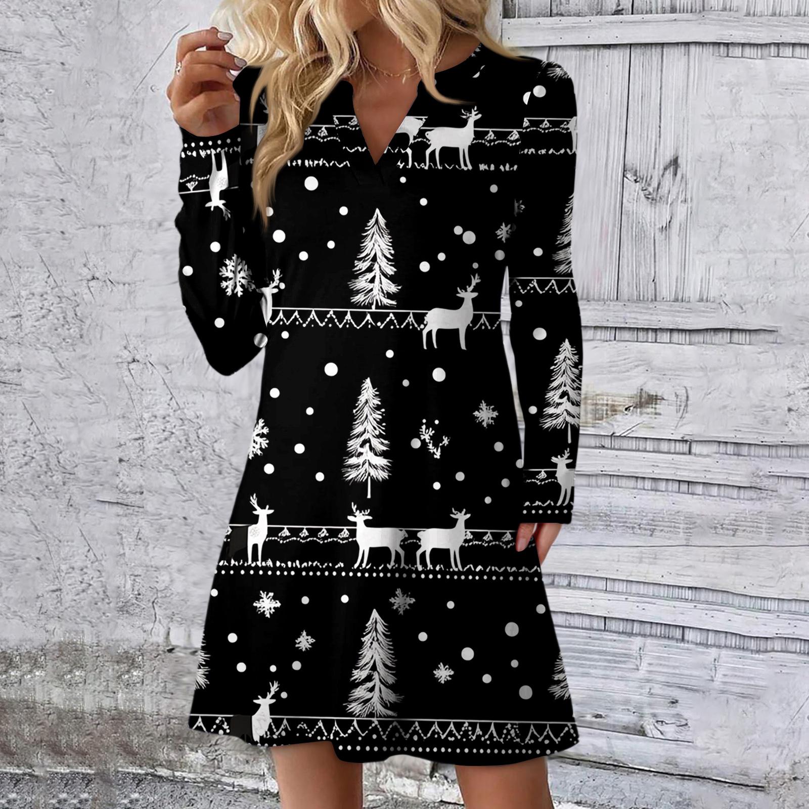 

Женское рождественское платье с принтом, свободное, с V-образным вырезом, повседневное платье с длинными рукавами L