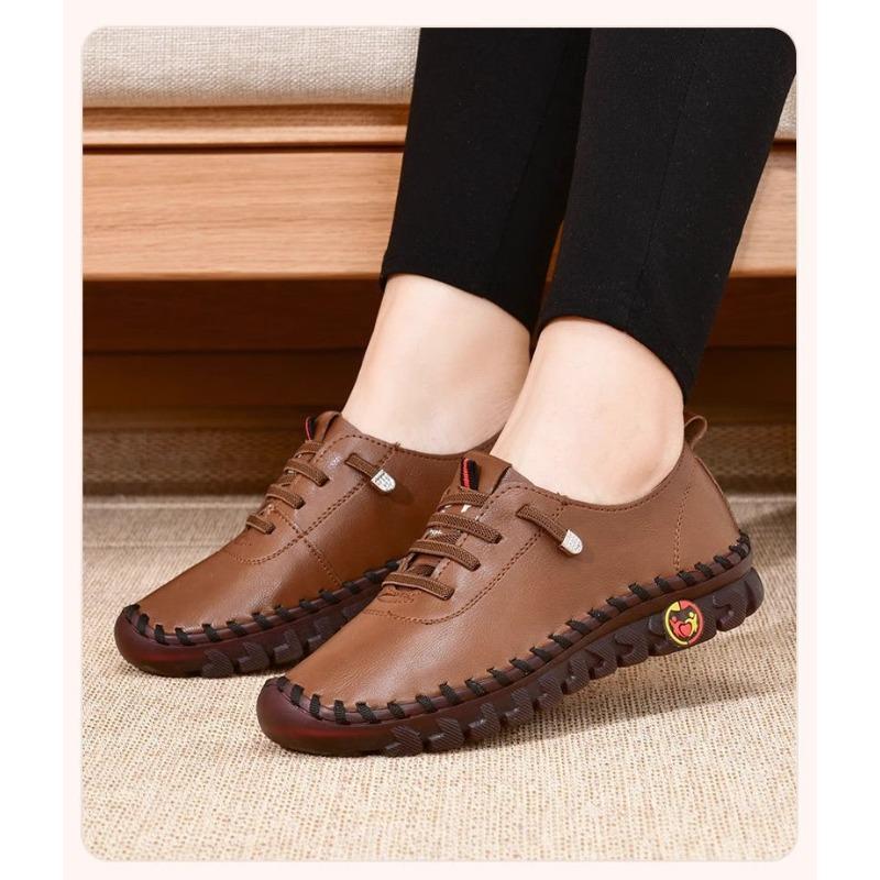 Plus Size Women's Hand Stitched White Shoes, Flat Casual Breathable Daily Slip On Flats
